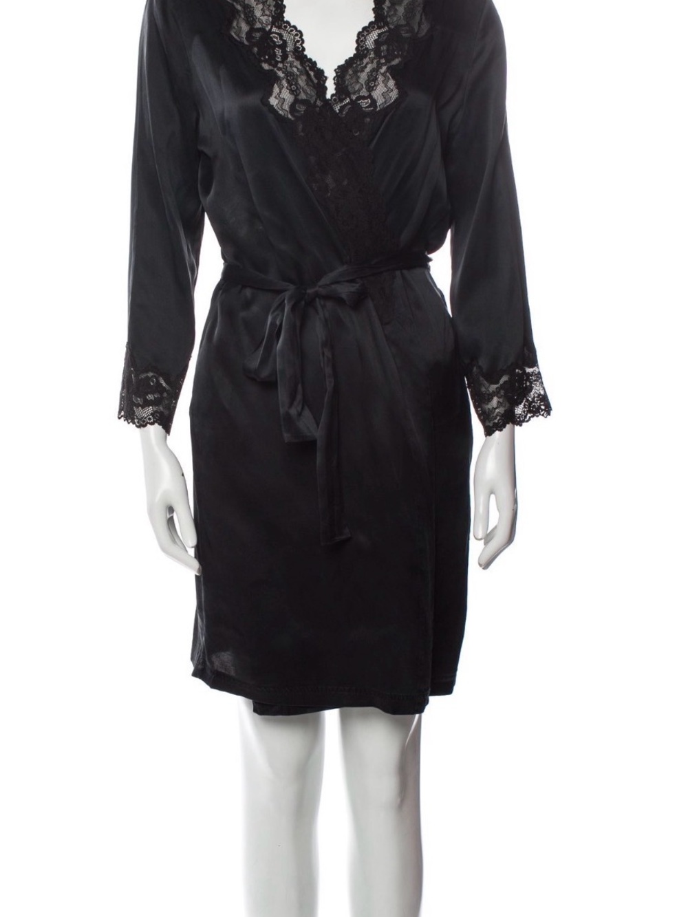 Neiman Marcus Black Silk Lace-Trim Wrap Robe